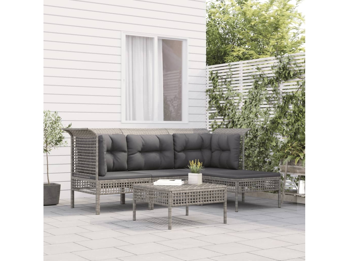 Conjunto 5 Peças Lounge De Jardim C/ Almofadões Vime Pe Cinzento Dkd Home Decor