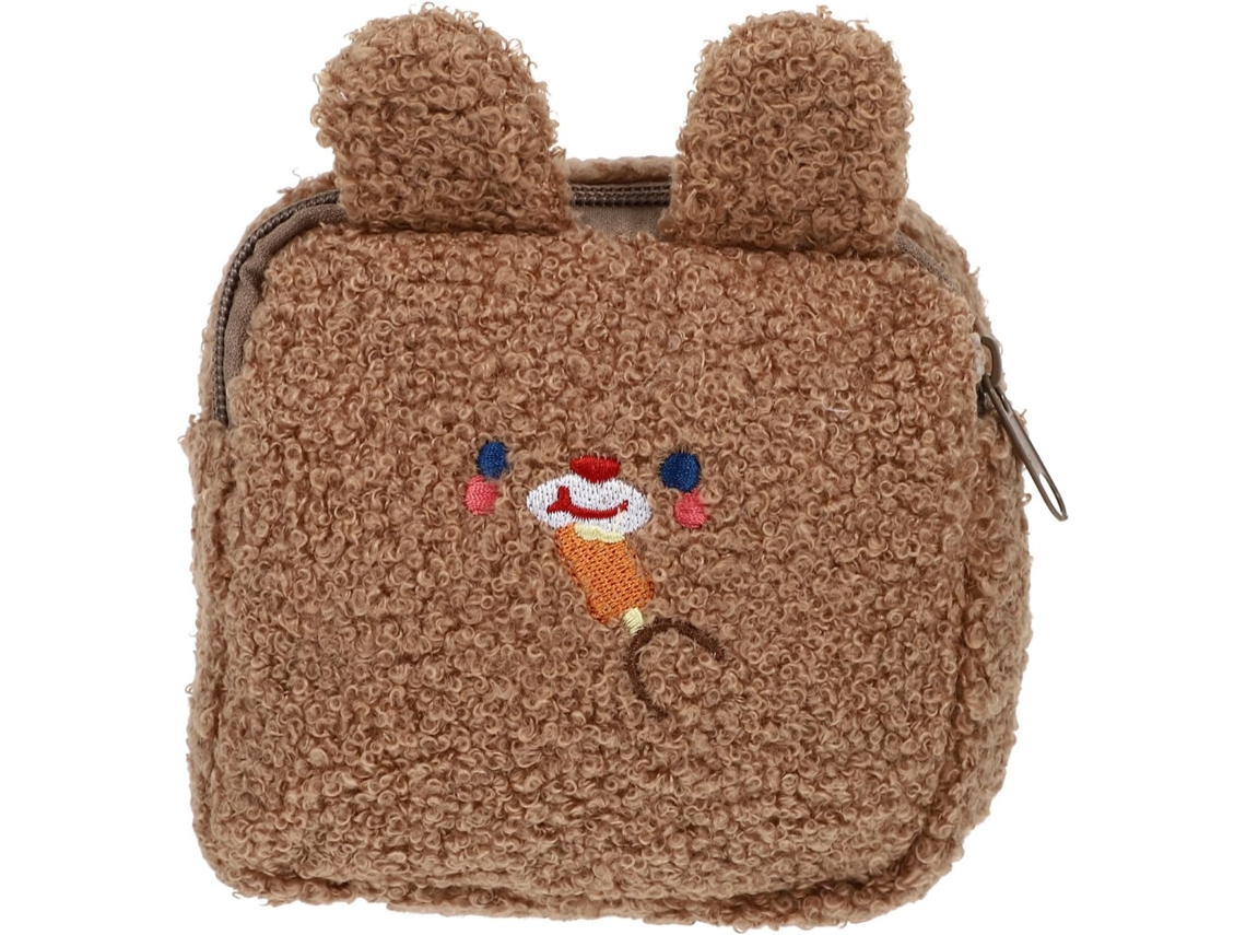 Porta-absorvente higiênico no formato Coelho, bolsa Pelúcia marrom bordada.