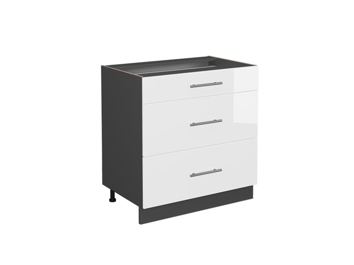 Móvel de cozinha Vicco Fame-Line, Branco alto brilho, 80 cm com 3 gavetas, Mármore PA