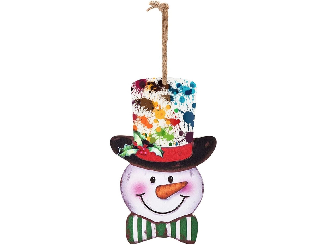 Enfeite De Natal De Madeira Com Boneco De Neve E Decoração Abstrata,
