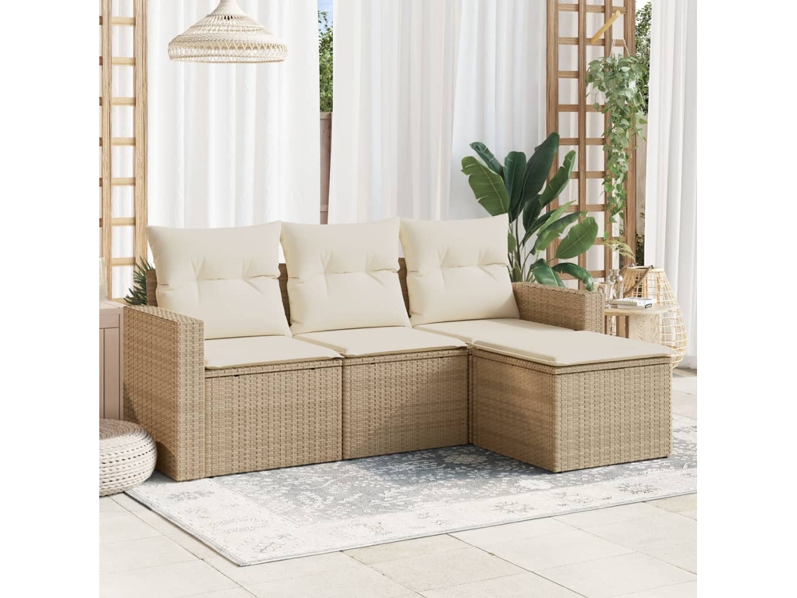 Vidaxl 4 Pcs Conjunto De Sofás Para Jardim C/ Almofadões Vime Pe Bege
