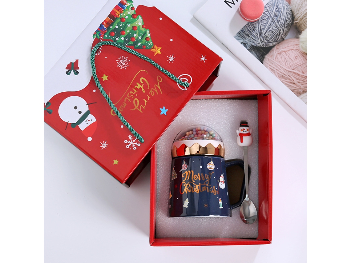 Caneca de Natal com Tampa e Colher, Design de Papai Noel, Caneca de Cerâmica Criativa em Estilo Europeu MDUG (azul)