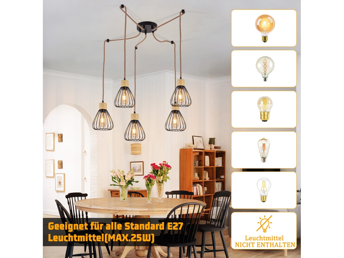 Luminária Pendente Para Mesa De Jantar, Luminária Pendente Vintage Preta Para Sala De Jantar, 5 Chamas Retrô E27 Nettlife