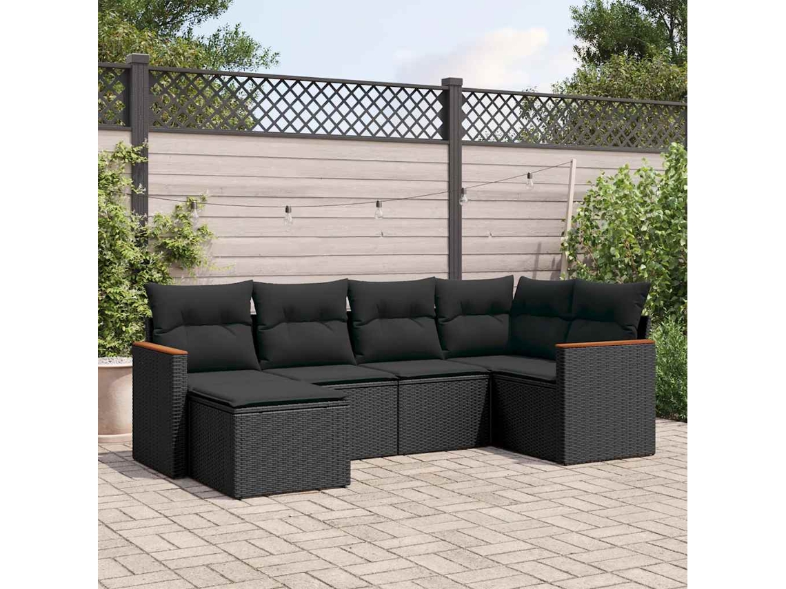 Vidaxl 6 Pcs Conjunto Sofás De Jardim C/ Almofadões Vime Pe Preto