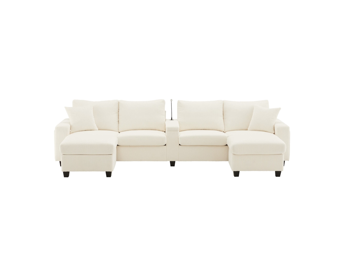 Sofá Em U 334x128,5x81 Cm - 4 Lugares, Usb/type-c, Led, 2 Pufes - Bege