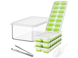 Conjunto de 4 Bandejas de Gelo de Plástico com Tampa, Caixa, Clips e Espátulas, Verde | S/MARCA