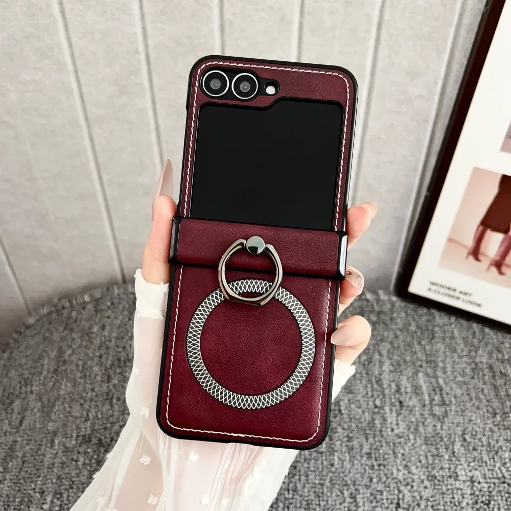 Capa De Celular Magnética Com Suporte De Anel E Textura De Abacaxi Em Couro Fosco (vermelha, Galaxy Z Flip7)