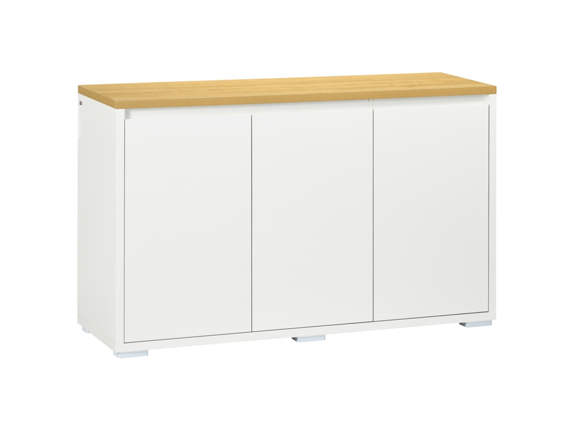Mesa multiuso com 2 armários de 2 níveis em aglomerado, prateleira ajustável (120x37x75 cm) branco e cor madeira BTFORUS