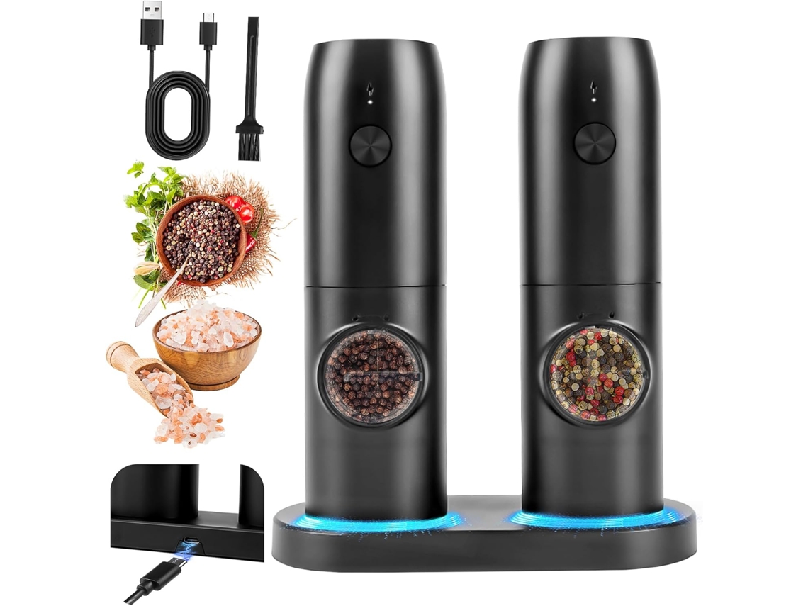Conjunto De Moedores Elétricos Pimenta, Composto Por 2 Moedores Elétricos De Sal E Pimenta Com Base Recarregável Luz Led Branca