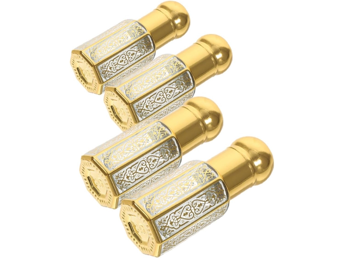 Conjunto de 4 frascos de perfume de vidro recarregáveis de 12ml com tampas douradas, design compacto.
