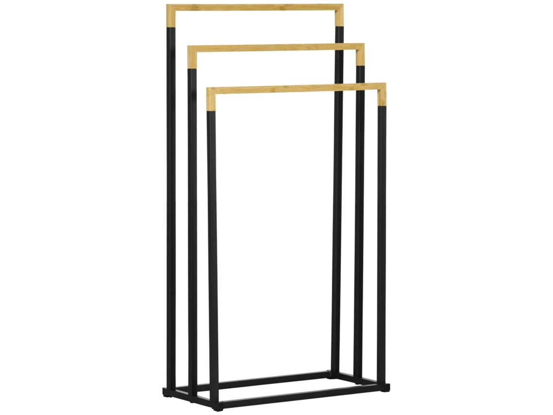 Toalheiro de Pé Aço, Bambu Cor Preto e Natural 45x22,5x86 cm Kleankin