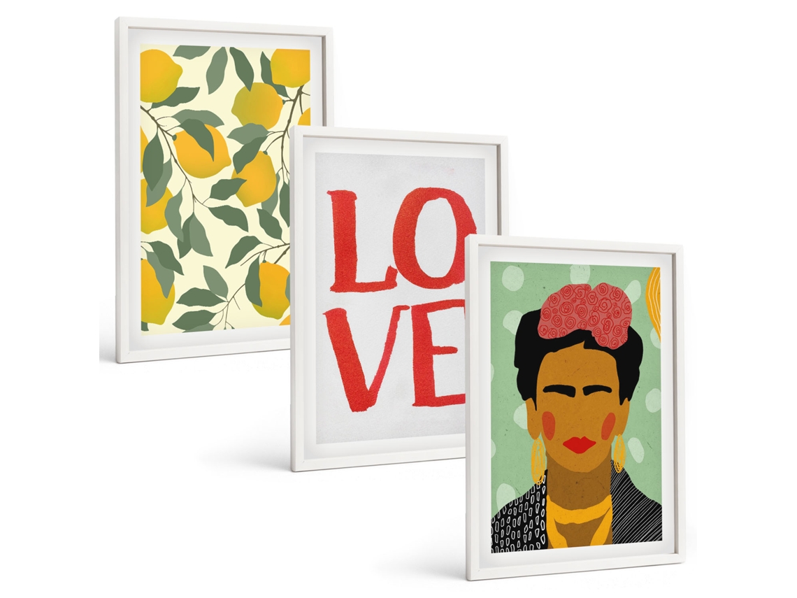Conjunto De Pinturas Limões, Amor, Retrato De Frida Kahlo Espelharte (3 Peças 40x60 Cm)
