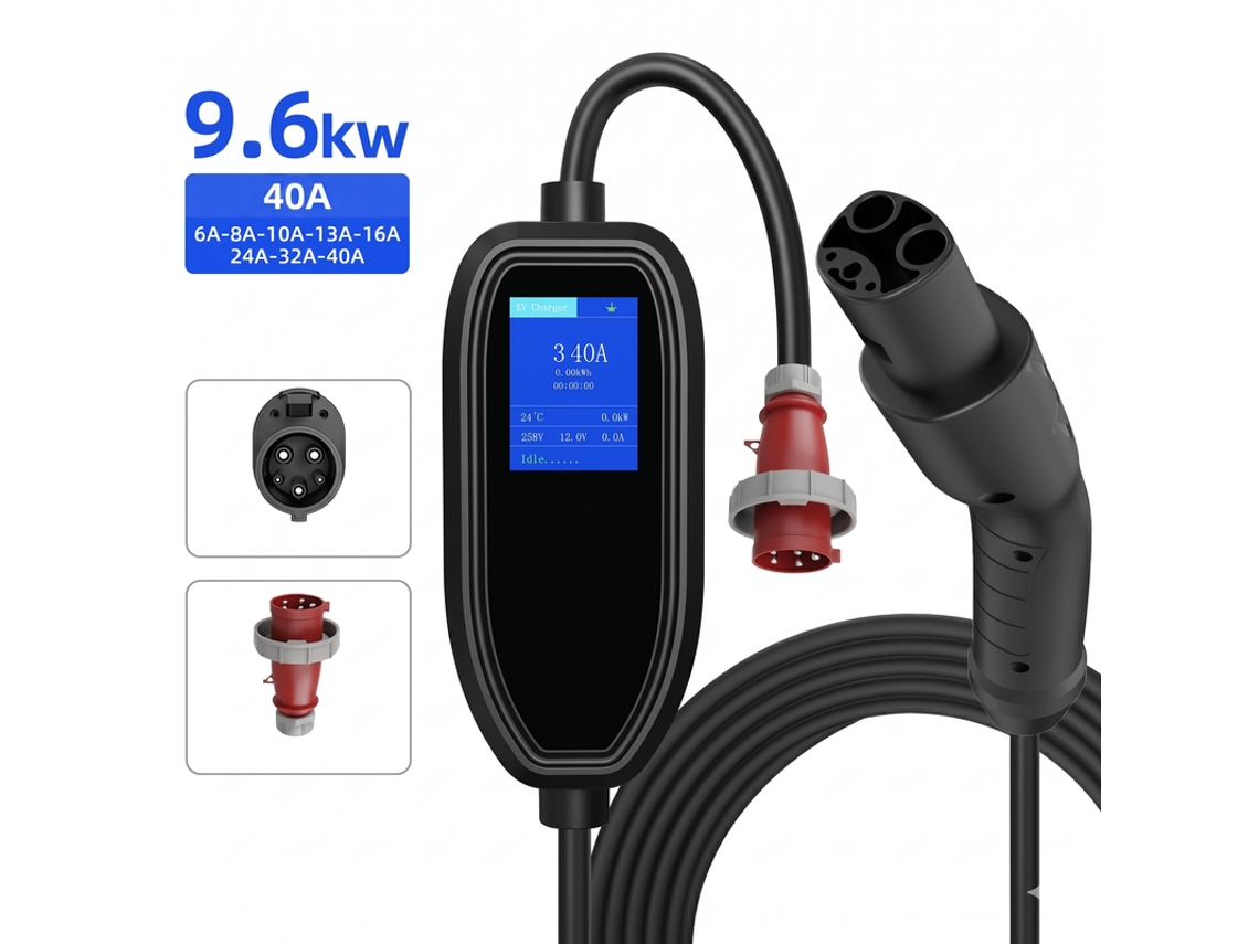 Carregador Portátil Carro Elétrico Nacs para Tesla SZSMART K09 9.6kw 40a Monofásico Ajustável, App/led, Ficha Cee, Cabo 5m