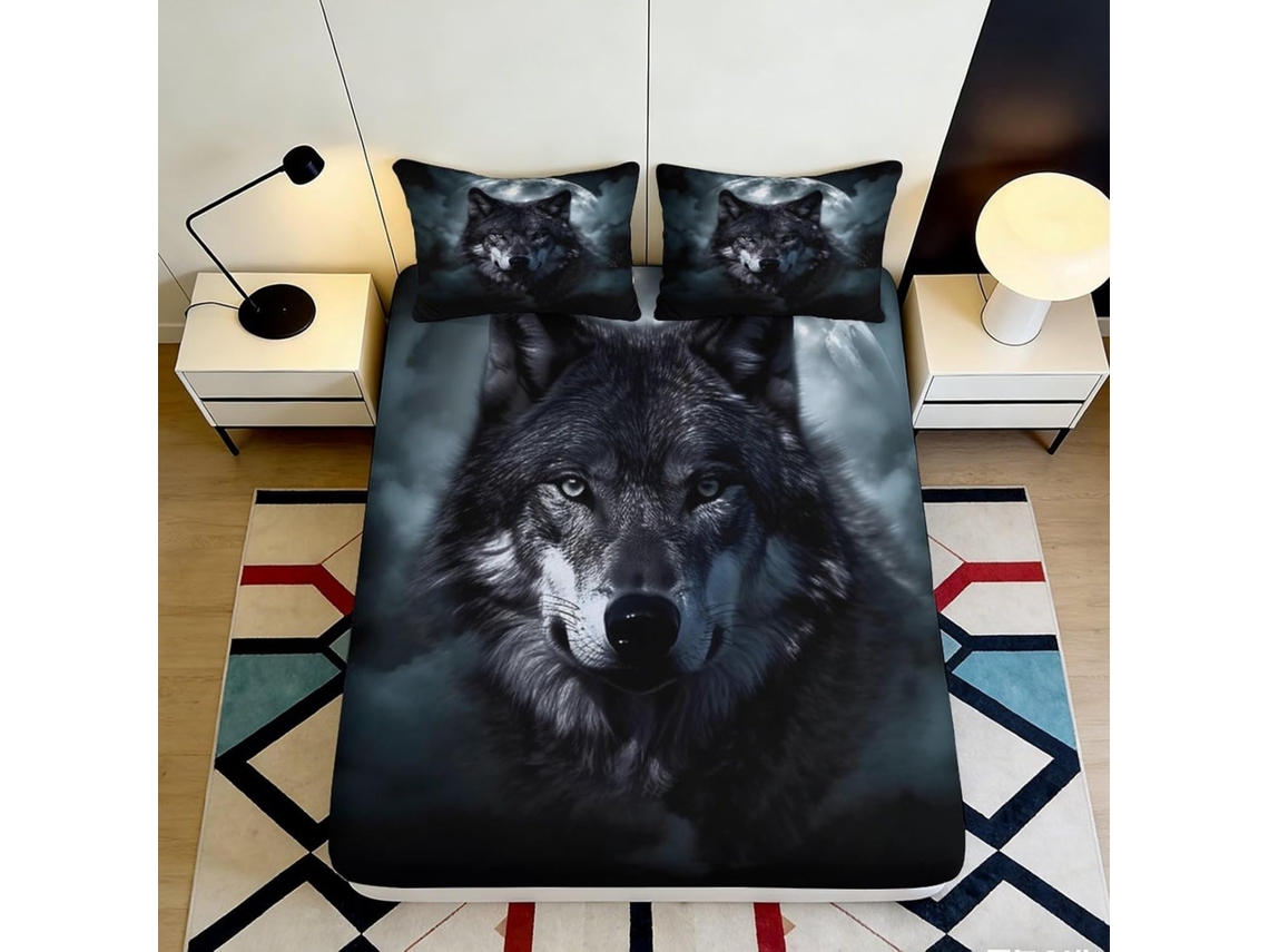 Conjunto de Cama com Estampa 3d Lobo Lua Microfibra Fronha 200x25cm