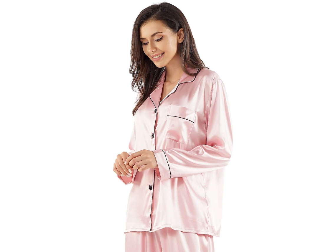 Conjunto De Pijamas De Seda Satim Para Mulheres Com Manga Longa