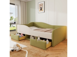 Sofá Polster Multifuncional 90x190cm Gavetas Cortinas Verde Escuro Branco Creme