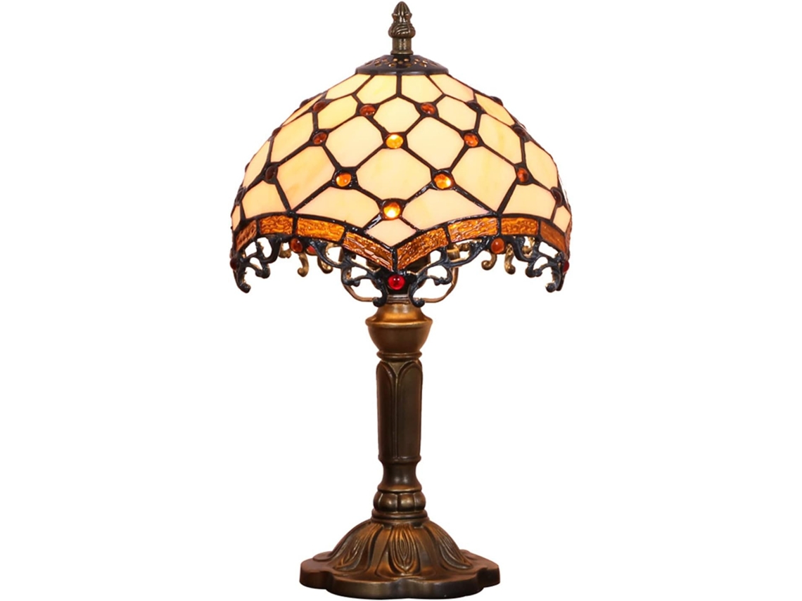 Abajur De Mesa Tiffany 20cm, Com Cúpula Artesanal Em Contas Creme, Ideal Para Quarto, Sala De Estar, Mesa De Cabeceira E