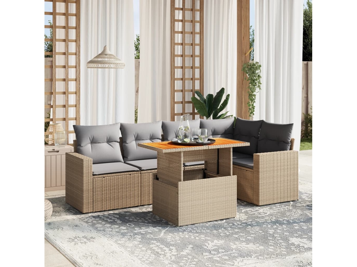 Vidaxl 6 Pcs Conjunto De Sofás P/ Jardim Com Almofadões Vime Pe Bege
