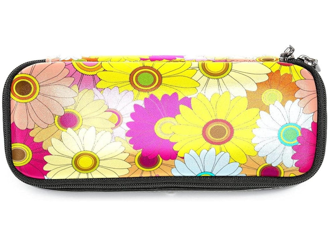 Amplo espaço de armazenamento com estampa floral vibrante para lápis, canetinhas, organizador, material escolar, mochila, pastas e outros itens.