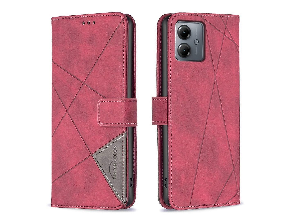 Capa De Celular Motorola Moto G14 4g Com Fecho Magnético E Textura Em Losango, Feita De Couro.