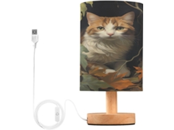 Abajur De Cabeceira Led Em Formato Gato, Perfeito Para Quarto, Leitura Com Cúpula De Tecido, Base De Madeira E Porta Usb