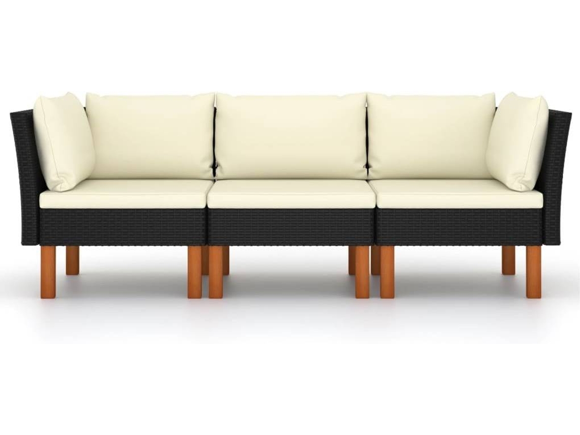 vidaXL Sofá de jardim 3 lugares com almofadões vime PE preto Worten.pt