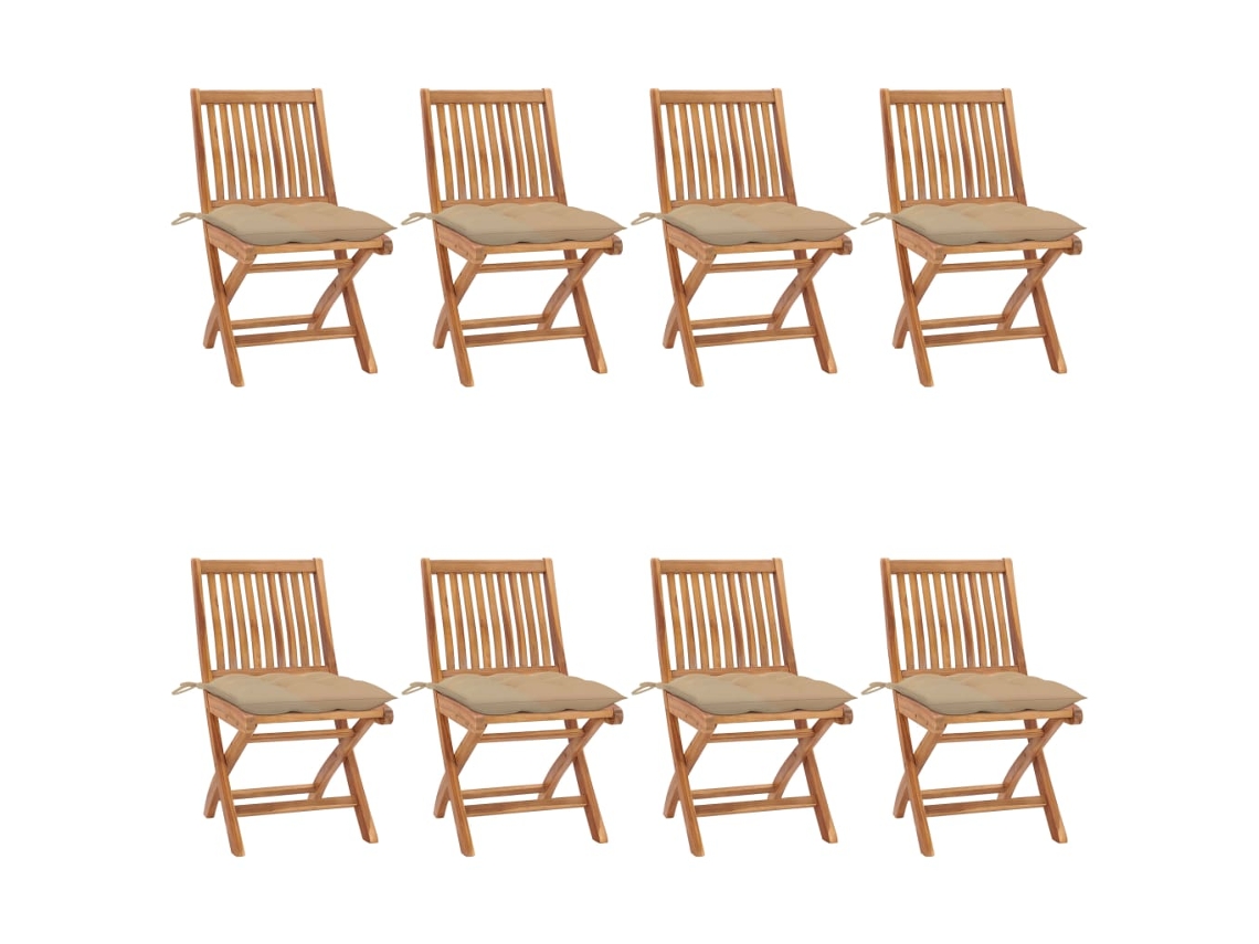 Vidaxl Cadeiras De Jardim Dobráveis C/ Almofadões 8 Pcs Teca Maciça