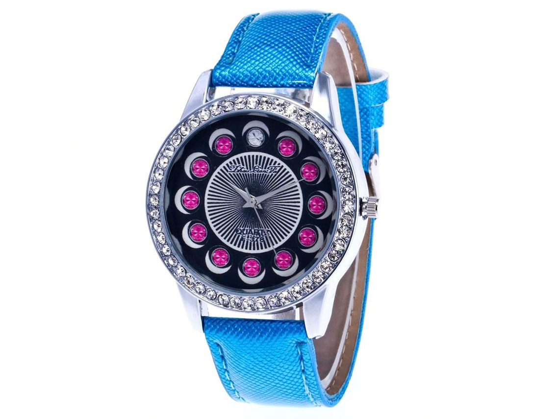 Relógio de quartzo com pulseira de couro PU, mostrador redondo, moderno, para mulheres (azul royal)