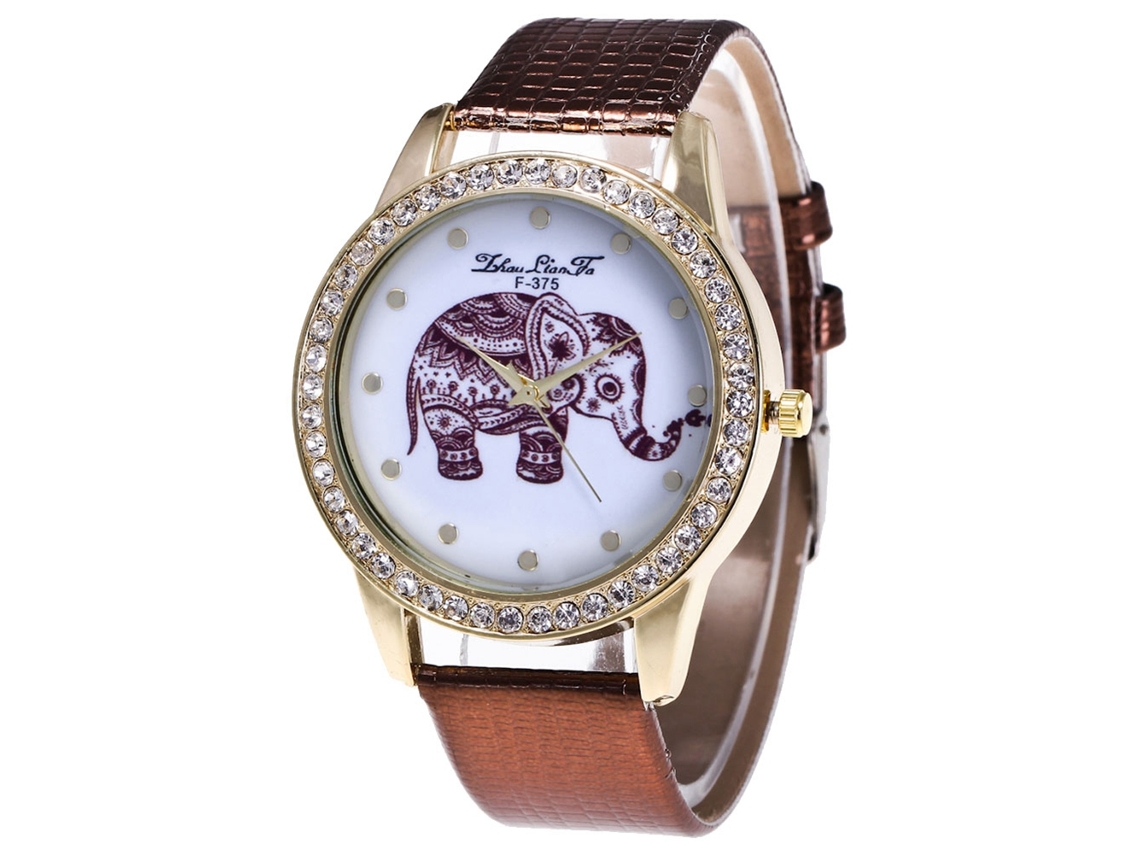Relógio Feminino de Quartzo com Pulseira de Couro Pu e Strass Padrão Elefante Café