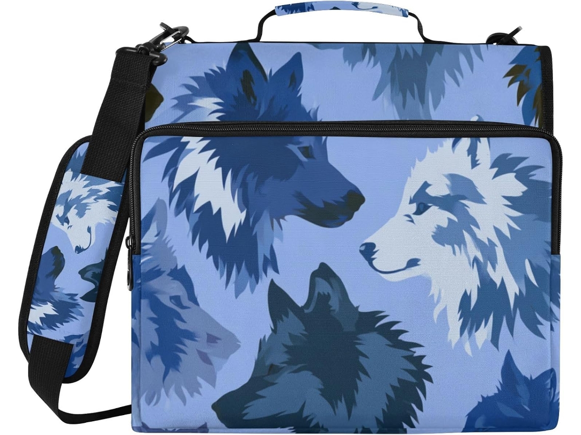 Pasta com 3 argolas e estampa de lobo azul, zíper, alça de ombro removível. Inclui bolsa com zíper e carteira portátil.
