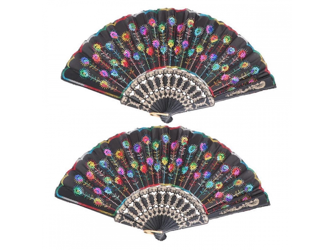2 Leques Dobráveis​​ de Mão com Estampa Floral Espanhola, Leque Dobrável com Glitter para Presente BRILVIBERA