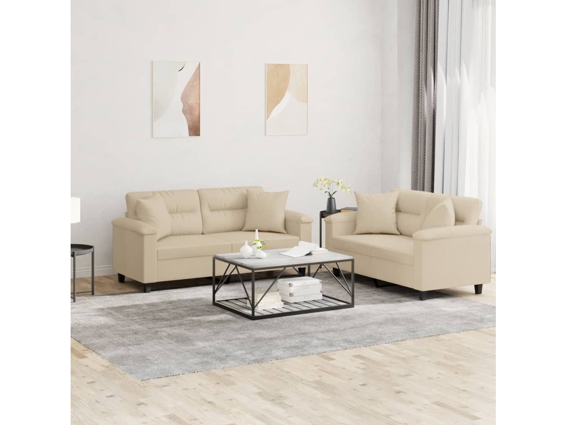 Vidaxl 2 Pcs Conjunto Sofás C/ Almofadas Tecido Microfibra Cor Creme