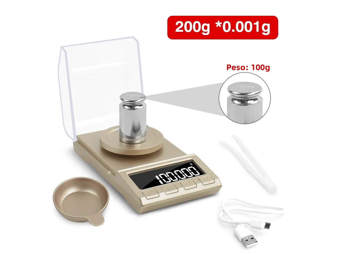 Balança eletrônica digital de precisão com alimentação USB e visor LCD MDUG (dourada, 200g)