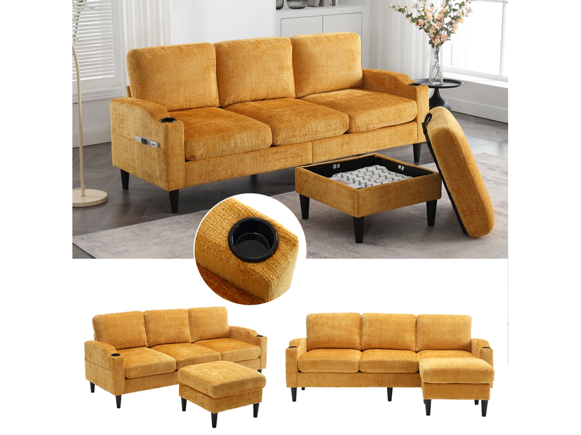 Sofá Elegante 4 Lugares Com Pufe E Compartimento De Armazenamento Em Veludo
