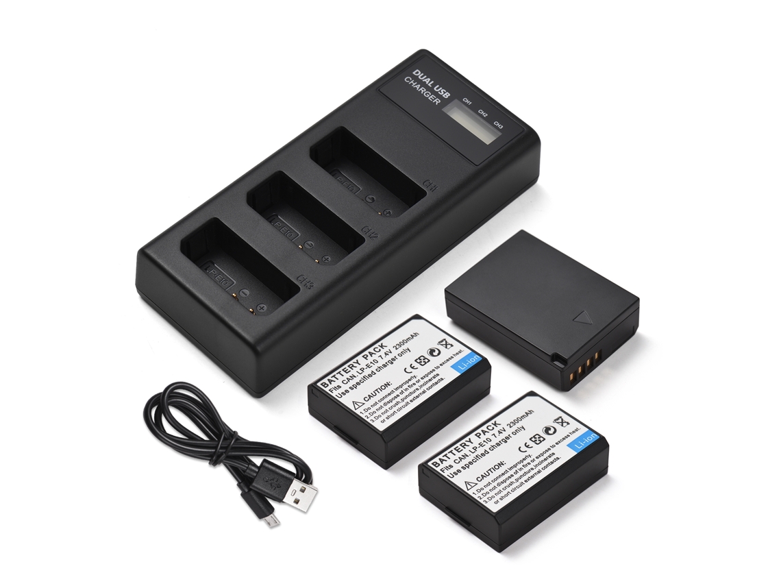 Carregador 3 Slot Lp-e10 + 3 Baterias 2300mah Para Canon Eos T3/t5/t6/t7/t100