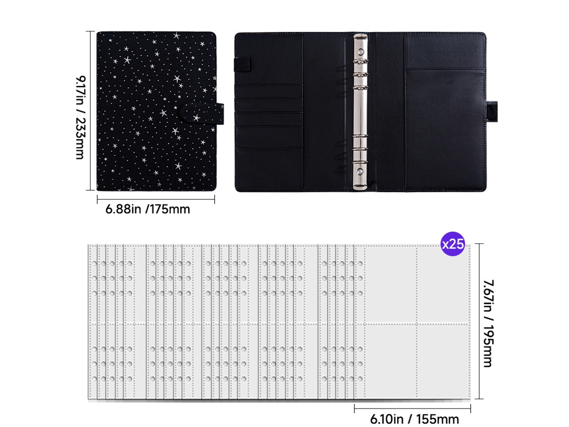 A5 Starry Sky Refillable Loose Leaf Binder Notebook Black 25-sheets