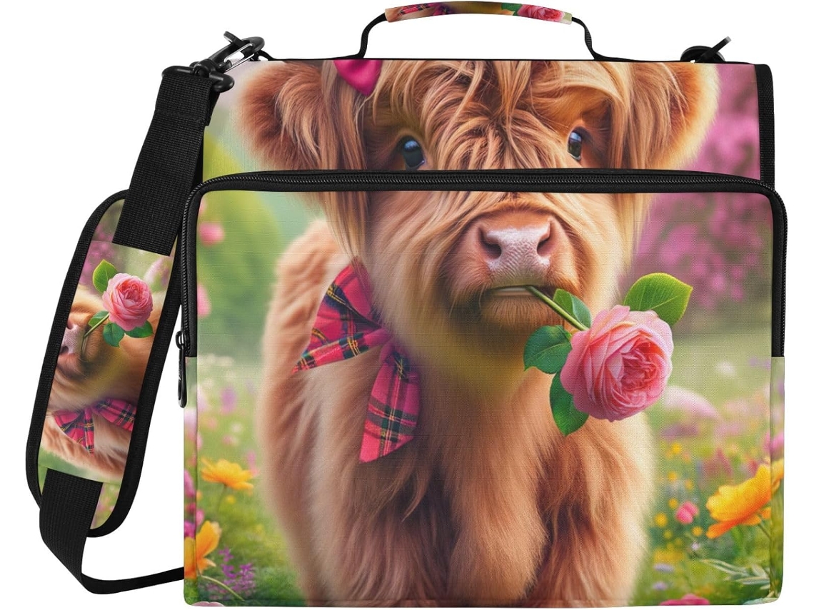 Capa Laptop Com Zíper, Estampa Floral Colorida De Vaca Das Terras Altas, Resistente À Água, Com 3 Argolas, Ideal