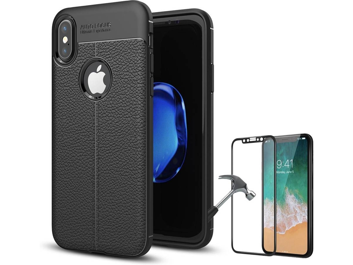 Capa e Película iPhone X PHONESHIELD Rugged Leather / Flexguard Full Preto