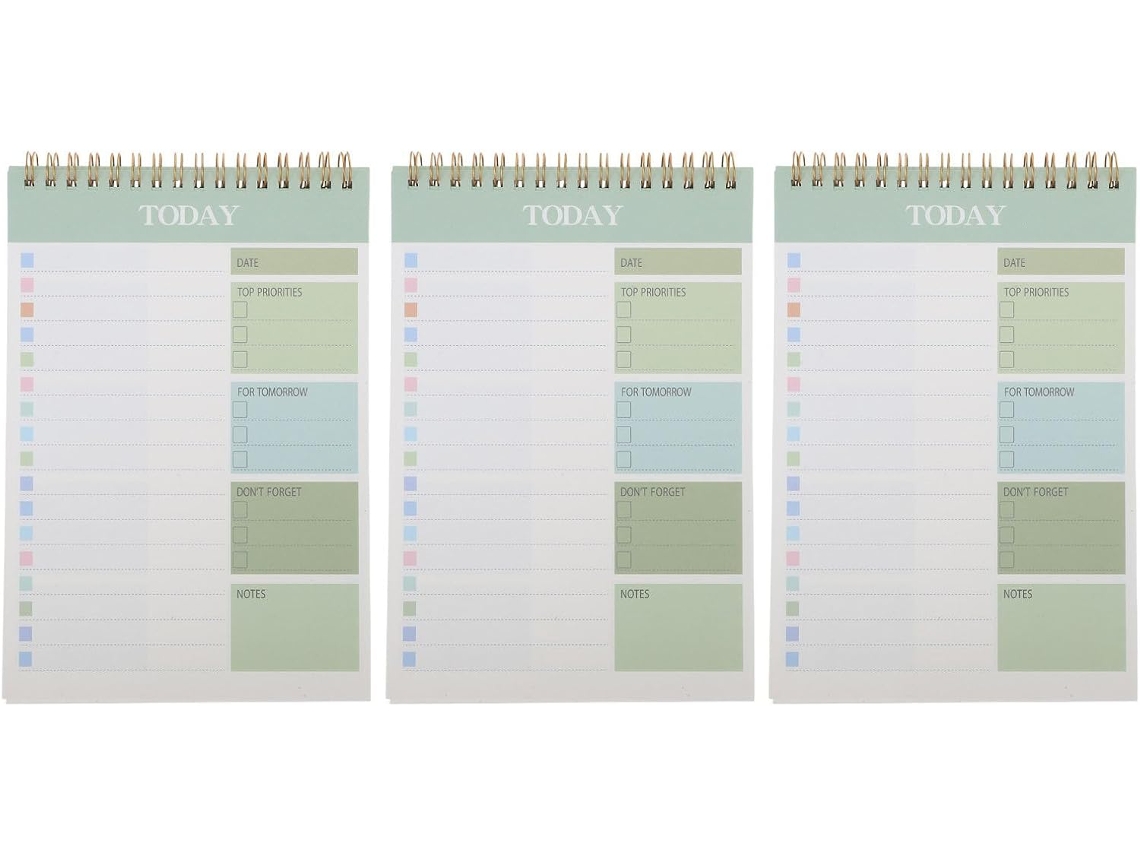 Agenda pessoal espiralada, 3 cadernos, papel verde para gestão do tempo, 52 folhas
