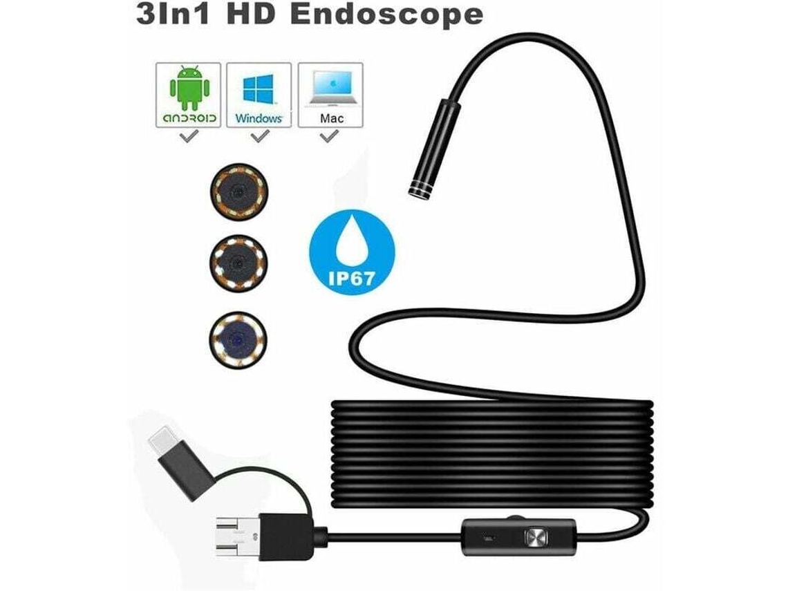 Endoscópio 3 Em 1 Android Usb Tipo C Inspeção Câmera De 7 Mm 6 Led Hd À Prova Dágua Brilvibera