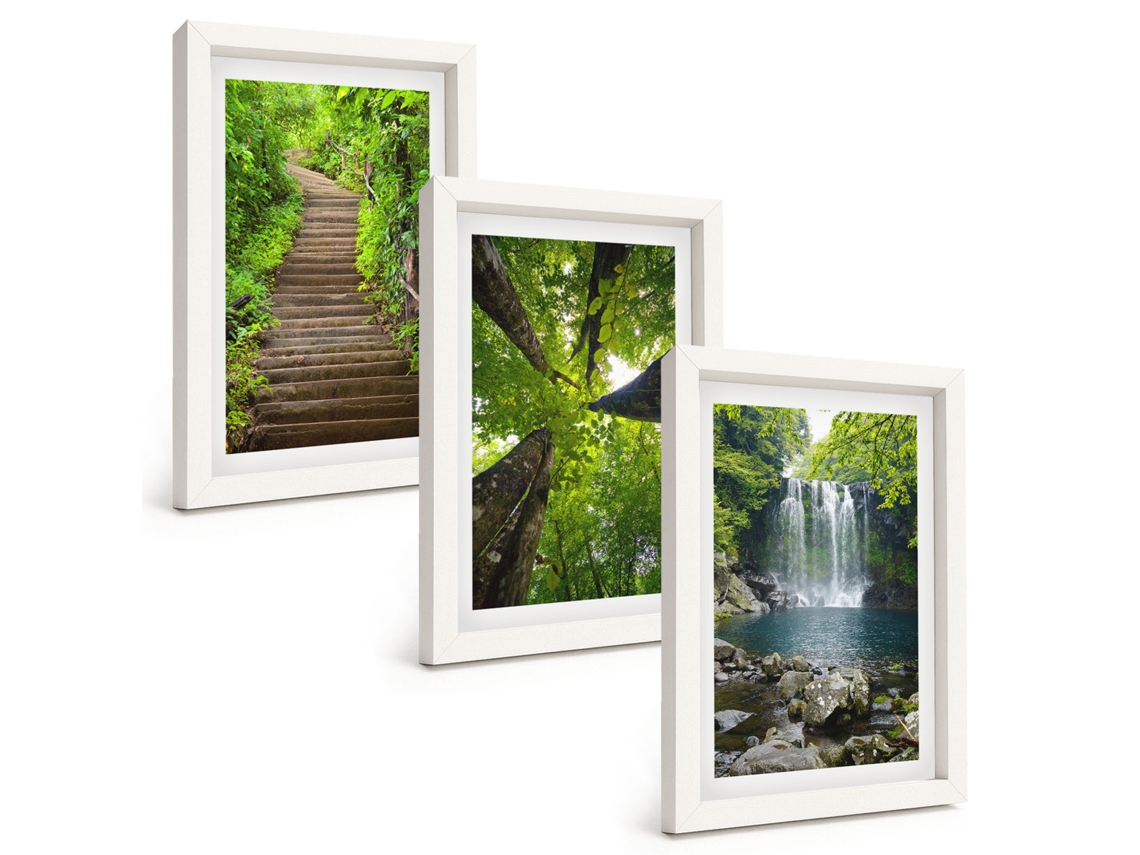 Conjunto De Pinturas Caminho, Floresta, Cachoeira, Vegetação Moldura Branca Quadros Para A Sala De Estar Espelharte (3 Peças 20x30 Cm)