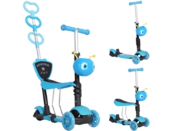 Patinete 5 Em 1, 3 Rodas, Guidão Ajustável, 60kg, Barra Empurrar Telescópica, Assento/encosto Removíveis, Azul