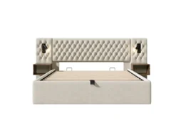 Conjunto De Cama Para Quarto, Cama Estofada Com Arrumação Hidráulica, Cama De Casal 160x200 Cm Com 2 Mesas De Cabeceira, Bege(colchão Não Incluído)