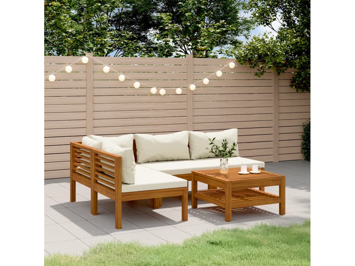 Vidaxl 5 Pcs Conjunto Lounge Jardim C/ Almofadões Creme Acácia Maciça