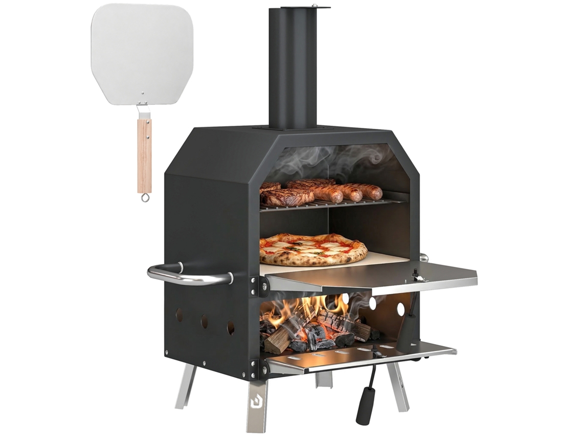 Forno Pizza Lenha Aço Inox 2 Níveis Pedra Refratária Pés Dobráveis Exterior