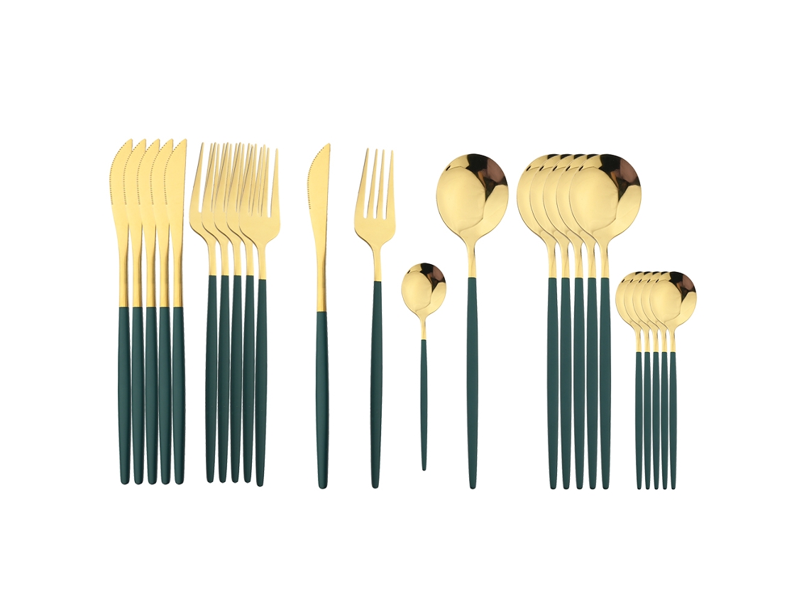 Conjunto de Talheres de Aço Inoxidável com 24 Peças, Incluindo Faca, Colher e Garfo. MDUG (verde Dourado)