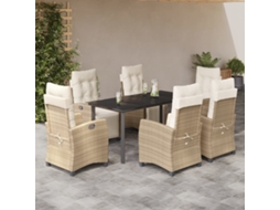 7 Pcs Conjunto De Jantar P/ Jardim Com Almofadões Vime Pe Bege Dkd Home Decor