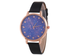 Relógio de Pulso Feminino de Quartzo com Esfera Céu Estrelado Roxo e Pulseira de Couro Preta
