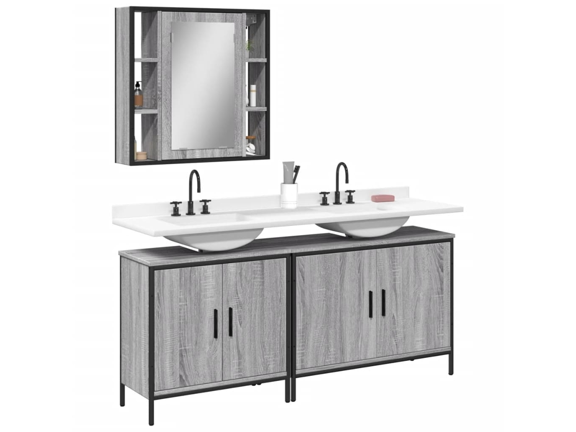Vidaxl 3 Pcs Conjunto Móveis Wc Derivados De Madeira Cinzento Sonoma