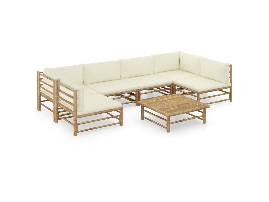Vidaxl 7 Pcs Conj. Lounge P/ Jardim Em Bambu C/ Almofadões Branco Nata